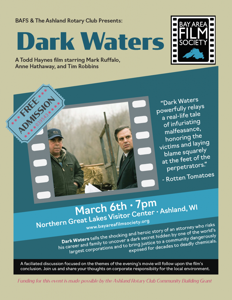 poster promoting the screening of the movie "Dark Waters"
