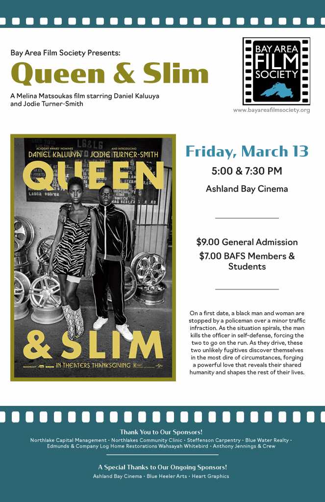 poster promoting the screening of the movie Queen & Slim